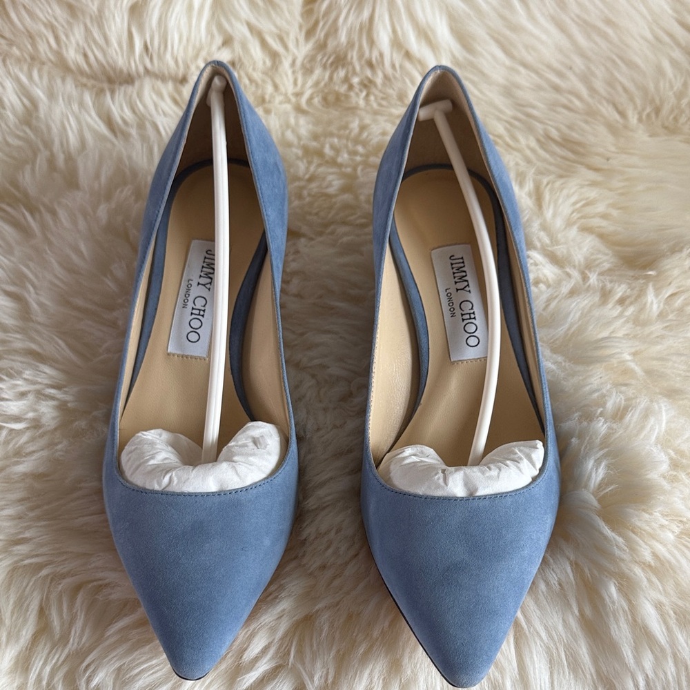 NWOT Jimmy Choo Romy Light Blue Suede Heels
